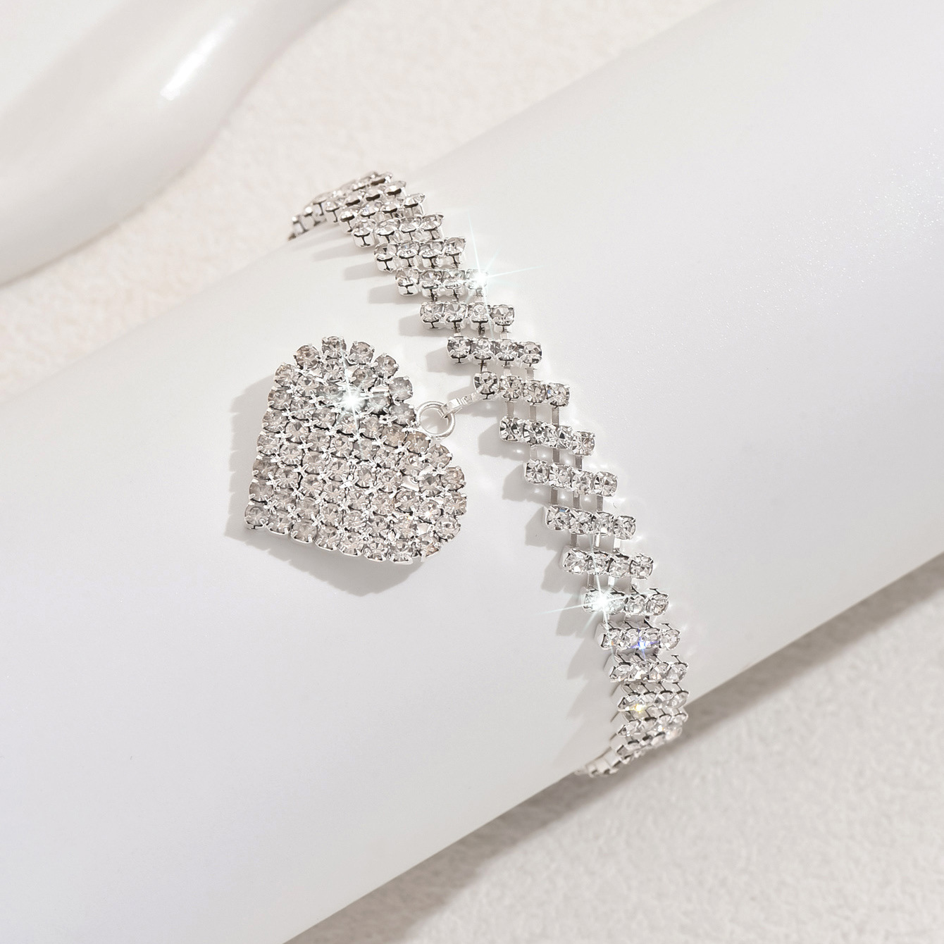 Crystal Heart Anklet Bracelet With Rhinestone Tennis Chain Design